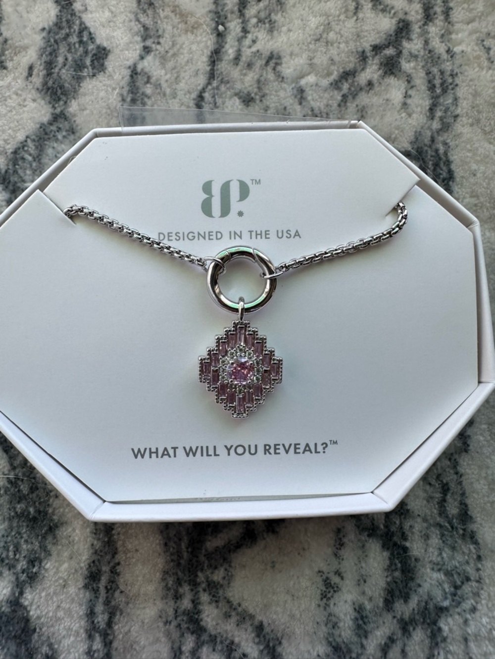 Brighton Silver Necklace with Pink Crystal Geo Pendant
